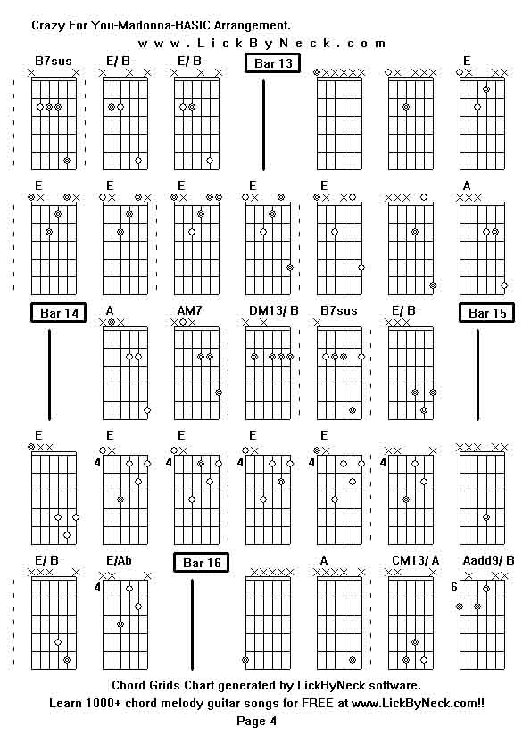 Chord Grids Chart of chord melody fingerstyle guitar song-Crazy For You-Madonna-BASIC Arrangement,generated by LickByNeck software.